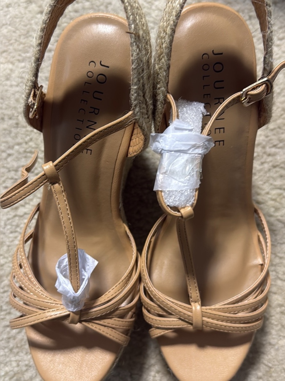 Journee Collection Tan Strappy T‑Bar Wedge Sandals